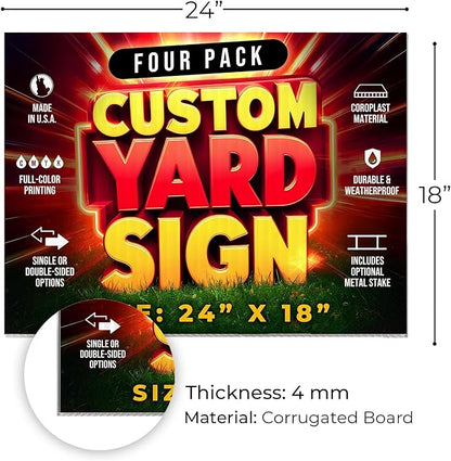 4 Pack 24"x18" Custom Yard Signs with Stakes, Personalized Yard Signs for Outdoors, Customized Full Color Print Corrugated Signs for Business