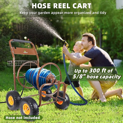 2025 Upgrade Hose Reel Cart, Garden Hose Cart with 4 Wheels, Heavy Duty Freestanding Water Hose Reels for Outside, Hold Up to 300 ft of 5/8'' for Garden Lawn Yard Outdoor