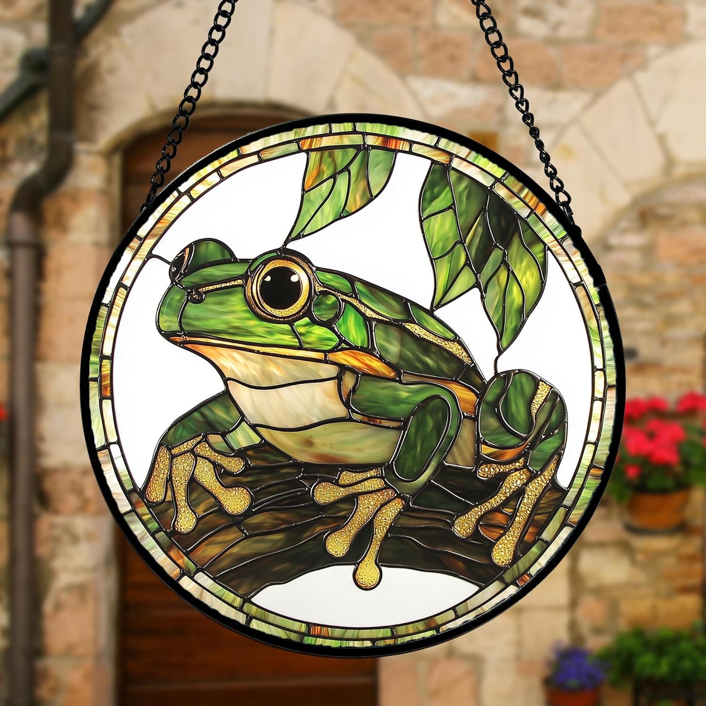 Stained Glass Window Hanging, Frog Green Leaf Sun Catchers Colorful Glass Panel Cool Suncatcher Decor for Birthday for Women, Men, Wife, Aunt, and Mom 6.3 in