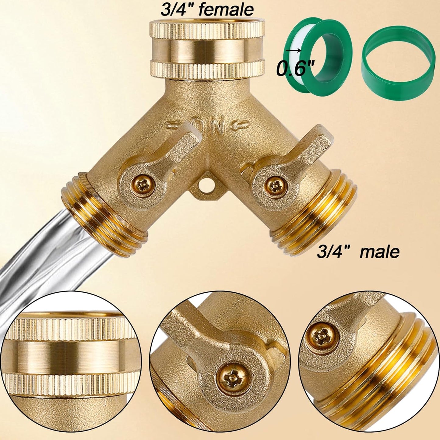 Triumpeek 2-Pack Brass Garden Hose Splitter, 3/4 Inch 2-Way Y Shaped Water Faucet Adapter with Dual Shut-Off Valves, Leak-Proof Design, Includes 4 O-Ring Washers & 1 Tape
