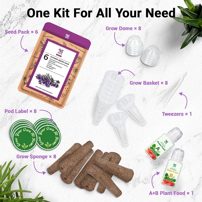 Flower Seed Pods for All Hydroponics Growing System, 8 Pods with 600+ Seeds of Marigold, Lavender, Petunia, Dark Pink Dianthus, Clover and Snapdragon