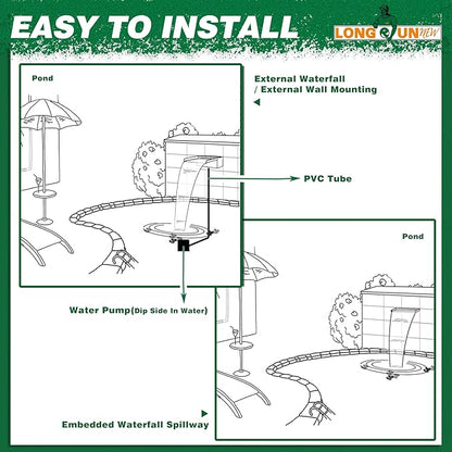 Waterfall Pool Fountain LONGRUNNEW 304 Stainless Steel 35.4" Rectangular Waterfall Spillway, Water Fall Fountain with Pipe Connector for Garden Outdoor, Swimming Pools, Fountains, Pond and Spa