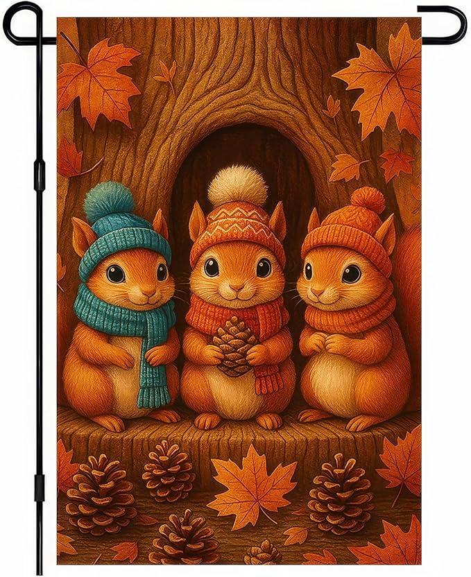 Thanksgiving Fall Garden Flag 12x18 Inch Welcome Squirrels Flag Double Sided Outdoor Autumn Yard Banner with Pinecones and Leaves for Porch Lawn Patio Seasonal Decor