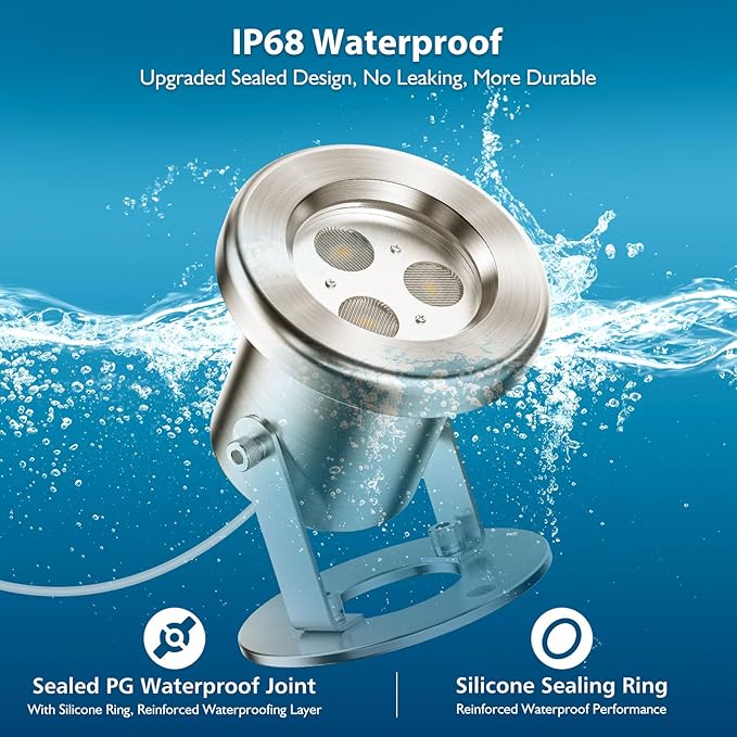 LED Pond Lights, 6W RGB SS316 Stainless Steel Dimmable Underwater Pond Lights, IP68 Waterproof Submersible Fountain Light APP Control, 12V Outdoor Waterproof Light with Transformer Timer, 26ft Cord