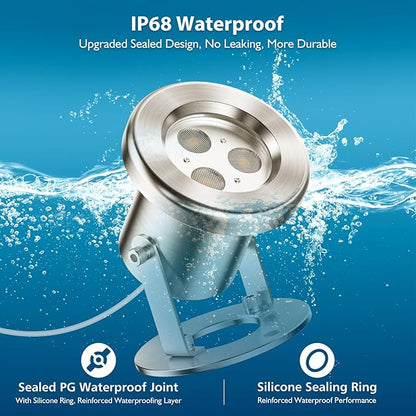 LED Pond Lights, 6W RGB SS316 Stainless Steel Dimmable Underwater Pond Lights, IP68 Waterproof Submersible Fountain Light APP Control, 12V Outdoor Waterproof Light with Transformer Timer, 26ft Cord