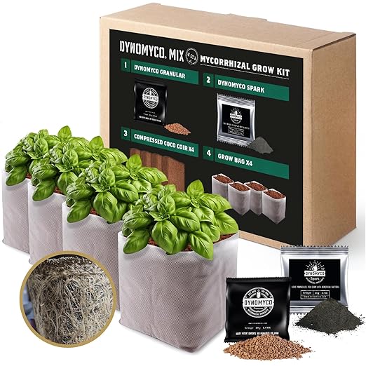DYNOMYCO Mix 4-in-1 Mycorrhizal Grow Kit for Bigger Yields & Healthier Plants - Includes Concentrated Mycorrhizae, MHB & Bio-stimulants, Premium Coco Coir, and Biodegradable Grow Bags