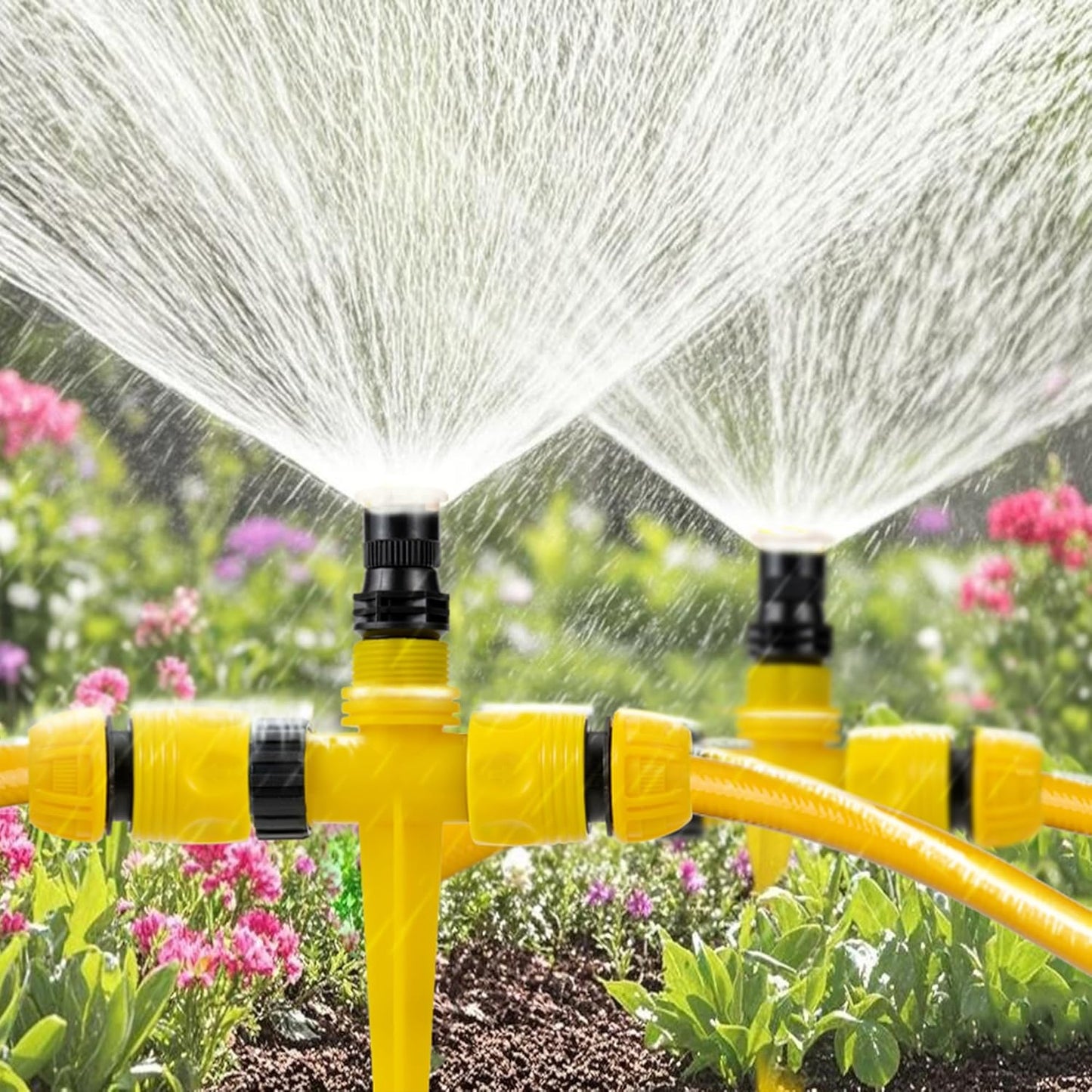 Above Ground Sprinkler System Irrigation Set for Garden Multi-Adjustable Lawn Sprinkler Ideal for Small Areas Plant and Flower Bed Watering, 50ft Yellow Garden Hose Included
