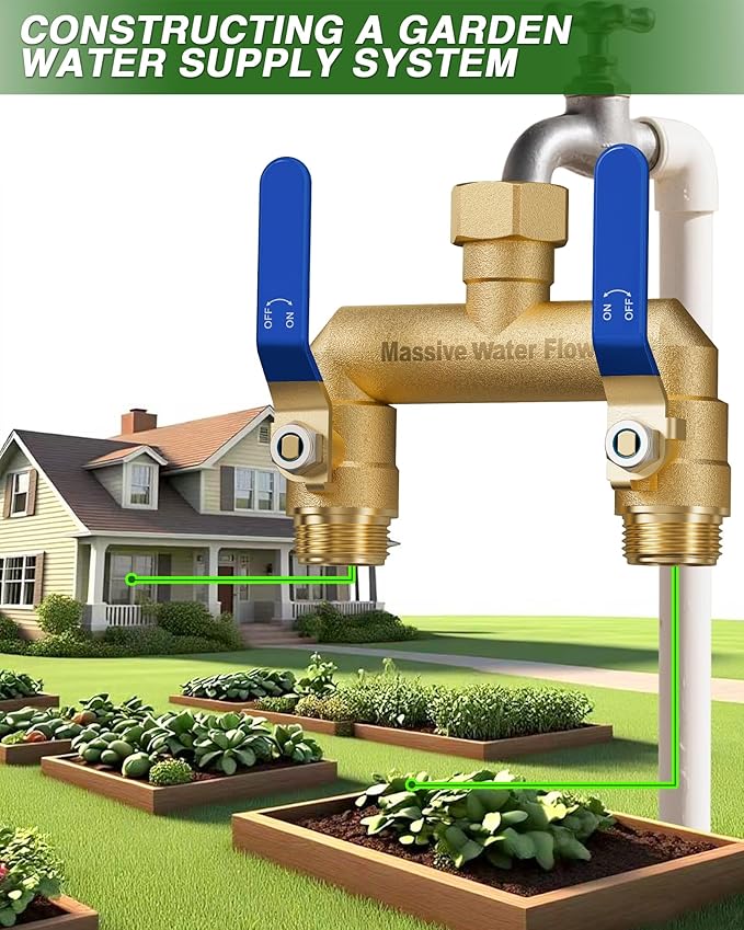 Hose Splitter 2 Way Heavy Duty, Full Flow Garden Hose Splitter with 2 Long Metal Handles, Brass Rust and Freeze Resistant Water Hose Bib Splitter, T Adapter Connector with 3/4 - Inch GHT Thread（Blue）