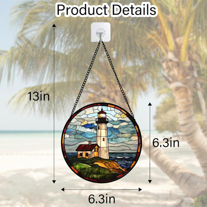 Stained Glass Window Hanging, Ocean Lighthouse Sun Catchers Glass Panel Blue Green Suncatcher Decor for Birthday for Women, Men, Wife, Aunt, and Mom 6.3 in