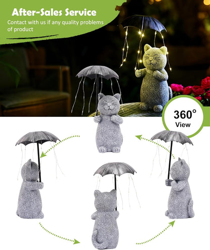 Nacome Solar Cat Garden Statues Outdoor Decor: Holding Umbrella with String Lights Patio Yard Lawn Outside Decorations - Birthday Gifts for Mom Grandma Women Sister(Grey)