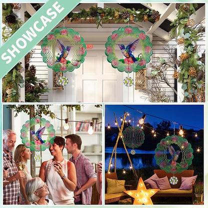3D Hummingbird Wind Spinners for Yard and Garden Patio Decor 12 Inch Outdoor Metal Stainless Steel Wind Spinner Unique Gift Holiday Wind Sculptures