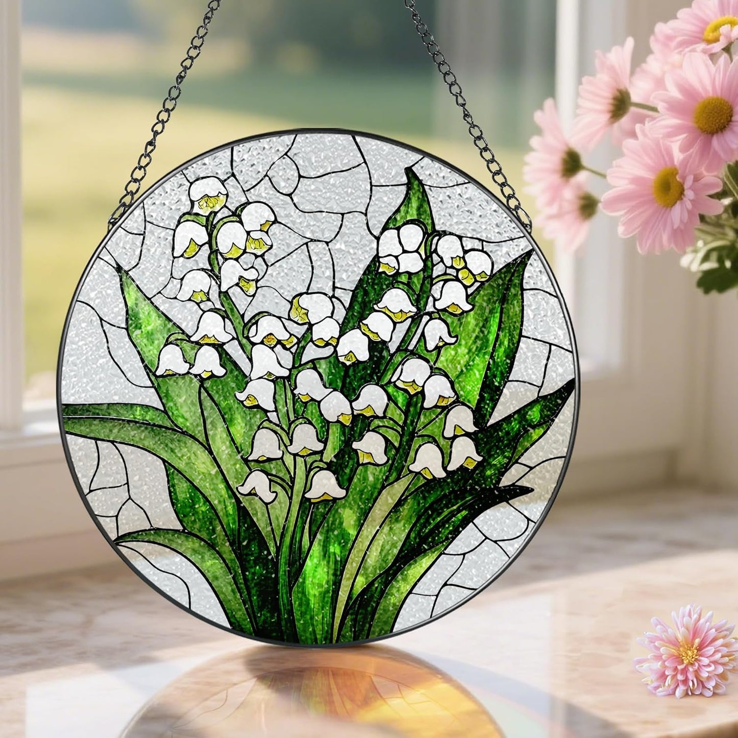 Lily of The Valley Flower Stained Glass Suncatcher, Stained Glass Window Hanging, 8 Inch Green Plants Suncatcher Decor, Gifts for Mother's Day, Mom Gift, Grandma Gift, Gifts Idea