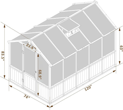 Greenhouse for Outdoor, 6x8ft-8x12ft Wooden WAK-in Greenhouse Kitwith 6MM Thick Polycarbonate Panel, Lockable Door & Adjustable Roof Vent ，Backyard Garden ﻿ (Light Mocha Brown, 6x10 FT)