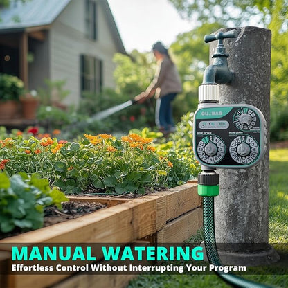 QUOBAS 3-Dial Analog Water Timer, Mechnical Control Automatic Sprinkler Timer with Manual and Rain Delay, for Garden Hose Watering, Drip Irrigation
