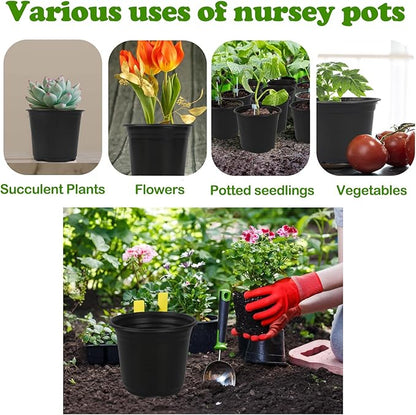 100 Packs Nursery Pots, 4 5 6 Inches Plastic Nursey Pots for Plants with Drainage Holes, Seed Starting Garden Pots of Flower Plant Container for Succulents, Transplanting (100, 6 Inch)