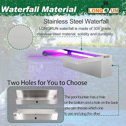 LONGRUN Stainless Steel Waterfall Spillway, APP Control Multi-Color LED Light Outdoor Pool Fountain, Water Spillway Koi Pond Waterfalls Fountains Kit for Garden Patio Swimming Pool Decoration-11.8"