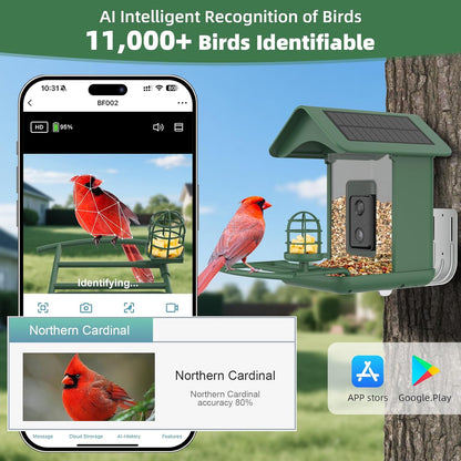 Smart Bird Feeder with Camera Solar Powered,AI Species Identify,2K HD Auto Capture Video,Instant Arrival Alerts,2L Large Capacity,IP65 Waterproof,Hummingbird Feeders for Outdoors,Gift for BirdLovers