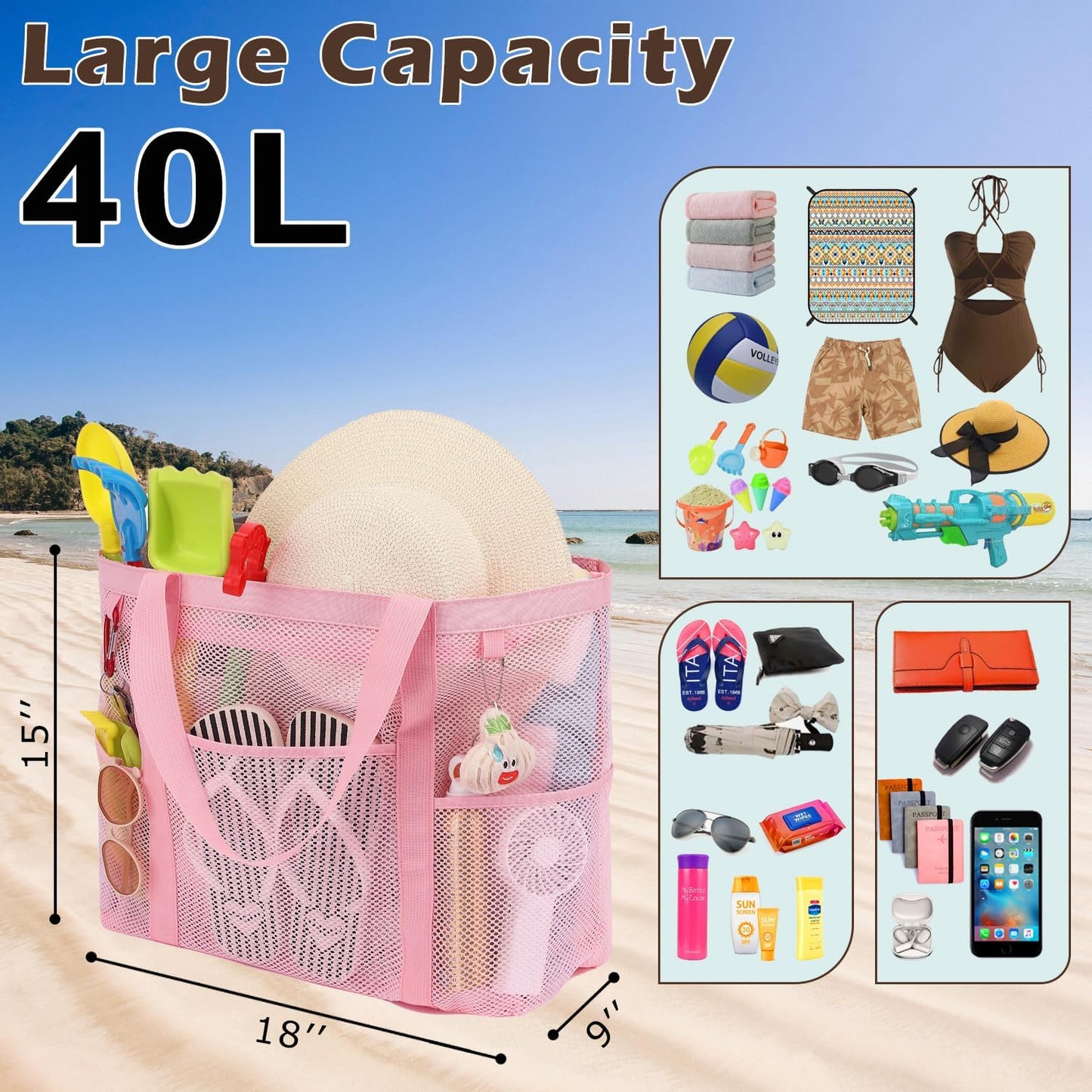 Mesh Beach Bag, Large Beach Tote with Zipper Pocket for Family Pool Bag for Toys & Vacation Essentials