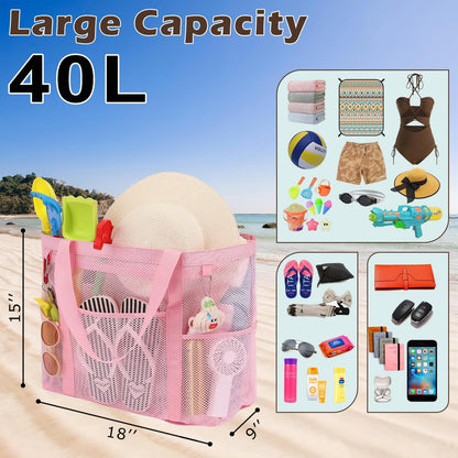 Mesh Beach Bag, Large Beach Tote with Zipper Pocket for Family Pool Bag for Toys & Vacation Essentials