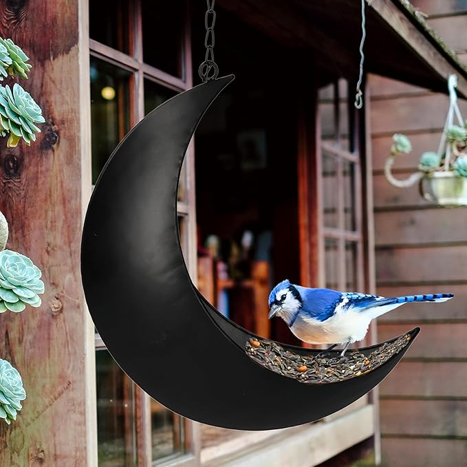 Hanging Moon Bird Feeder – Unique Metal Bird Feeders for Outdoors, Black Rust-Resistant, Drain Holes – Wild Bird Feeder for Bluebirds, Cardinals, Finches, and Backyard Birdwatching (Black)