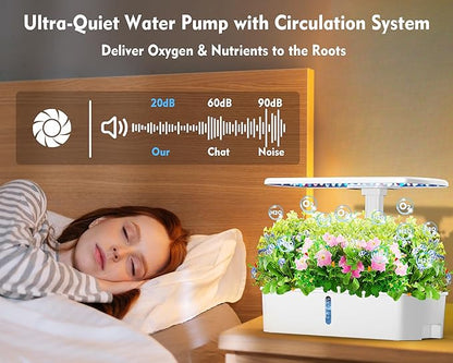 Hydroponics Growing System Kit 12 Pods, Hydroponic Herb Garden Kit Indoor with 24W LED Grow Light, Smart Indoor Garden, Height Adjustable, Auto Timer, Quiet Pump, Gardening Gifts for Mom Women, White