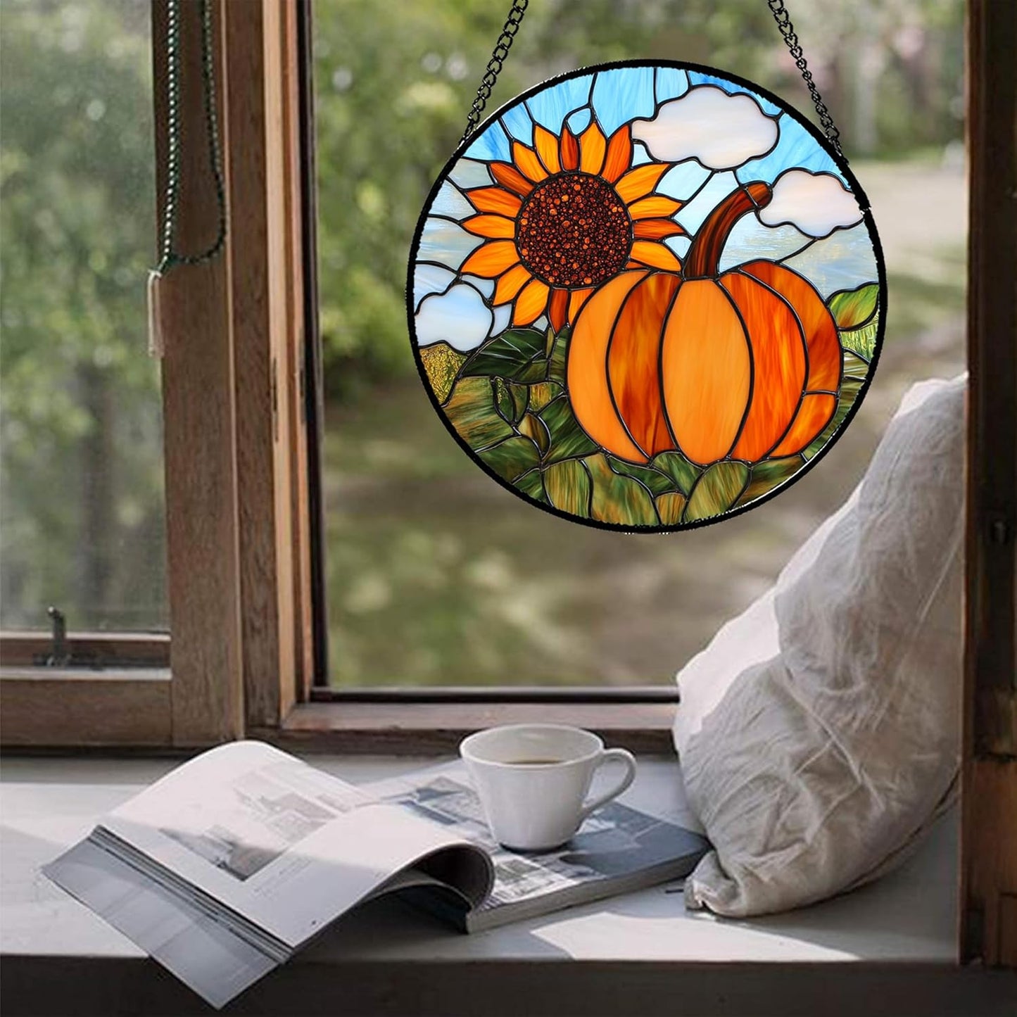 Stained Glass Window Hanging Fall Farm Scenery Sunflower Pumpkin Large 15" - Suncatcher Door Garden Kitchen Sunroom Sun Catcher Home Decor Birthday for Mom Grandma Men Woman