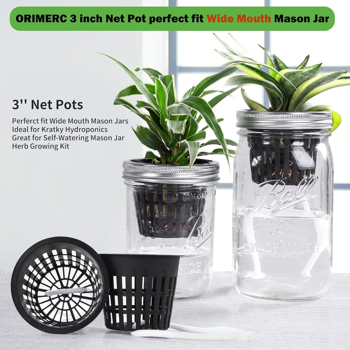 ORIMERC 30 Pack 3 inch Net Cup Pots with 30 feet Hydroponic Self Watering Wick & 30 Plant Labels Aquaponics Mason Jar Bucket Insert Orchid kratky Vegetable Gardening Growing Netted Basket Slotted Mesh