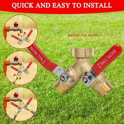 Hose Splitter 2 Way Brass Garden Hose Splitter with Stainless Steel Long Handle Y Valve Water Hose Adapter 3/4" GHT Thread