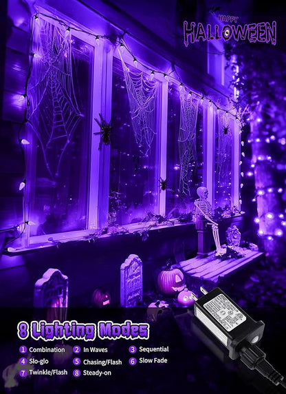 Brightown Halloween C9 LED Purple String Lights, 114FT 150 LED Halloween Lights with Timer & 8 Modes, Plug-in Waterproof Connectable Outdoor Lighting for House Patio Yard Porch Roof