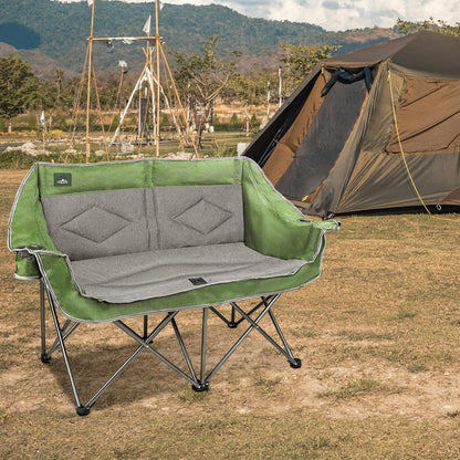 Northroad Folding Loveseat Camping Chair Portable Double Duo Full Padded Garden Chair for 2 Person Sofa w/ 2 Cup Holder,Wine Glass Holder,Mesh Storage,Support 600lbs for Picnic Beach Travel (Green)