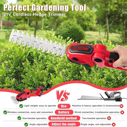 Cordless Hedge Trimmer, 2-in-1 Handheld Electric Hedge Trimmer/Grass Shears for Garden,Yard and Lawns, Shrub Trimmer with 2 PCS Rechargeable Battery&Charger (Red)