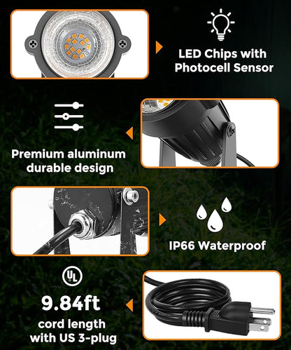 LOHAS Landscape Orange Halloween Spot Lights Outdoor, 10W Dusk to Dawn Sensor LED Spotlights for Yard, IP66 Waterproof Pathway Outside Lights, 9.84-ft Cord, Orange Lawn Decor Lamp, UL Listed,2 Pack