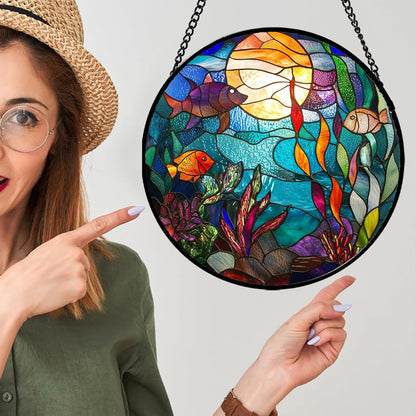 Stained Glass Window Hanging - Blue Ocean World Small Fish Coral Sun Catcher for Door Garden Home Decor Sea Suncatcher Christmas Mother's Day Birthday Gifts for Women Men Mom Nana 11.8 in