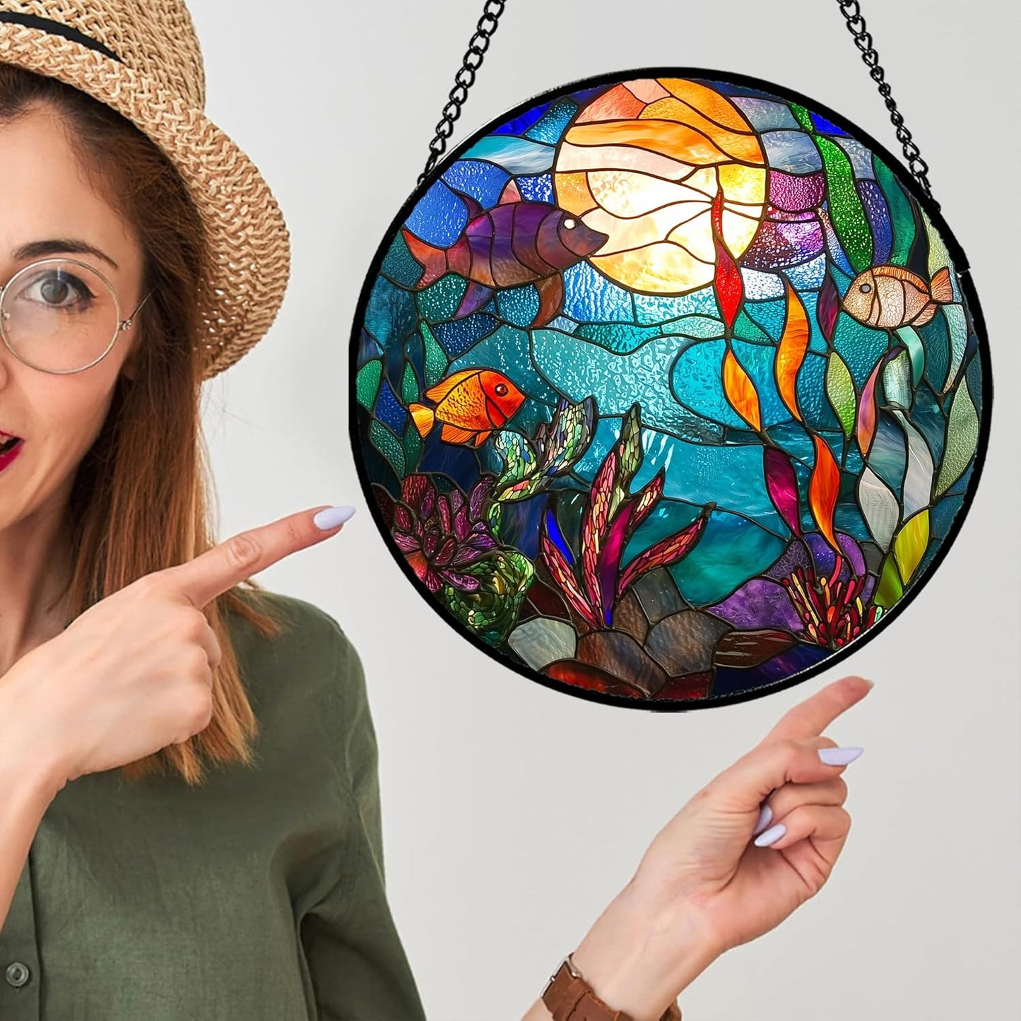 Stained Glass Window Hanging - Blue Ocean World Small Fish Coral Sun Catcher for Door Garden Home Decor Sea Suncatcher Christmas Mother's Day Birthday Gifts for Women Men Mom Nana 6.3 in