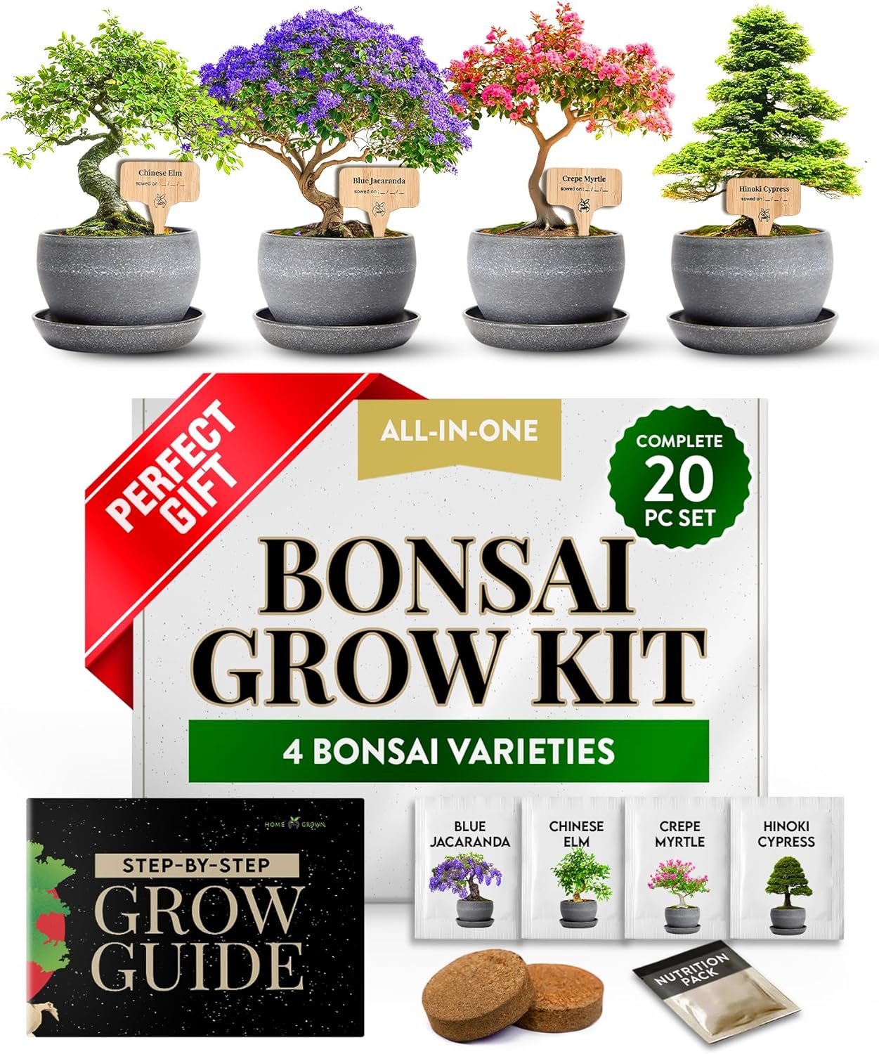 HOME GROWN Bonsai Tree Kit – Grow 4 Bonsai Types Indoors with Complete Starter Kit Including Pots Peat Pellets and Bonus Grow Guide – Unique Gardening Gift for Men Women Beginners