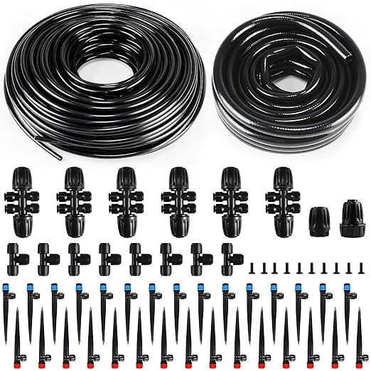 223FT Drip Irrigation System, Automatic Drip Irrigation Kit with 1/2'' 1/4'' Tubing Hose and Accessories,Adjustable Nozzle Garden Watering System,for Patio/Lawn/Garden Bed/Yard
