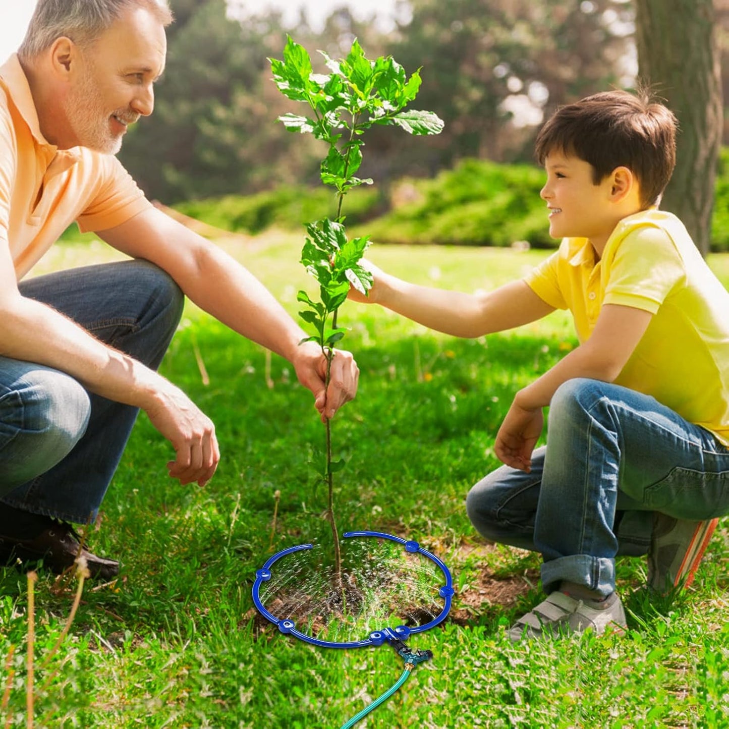 ZZM 360°Tree Water System Tree Watering Ring Circle Sprinkler and Irrigation System Targeted Water with Y Hose Splitter for New Tree Outdoor Plants Raised Garden Beds Shrubs (Large)