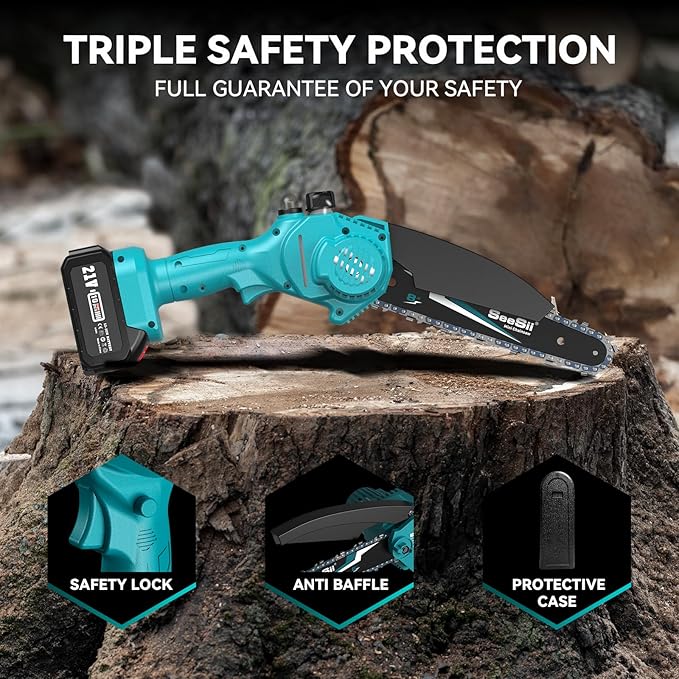 Seesii Mini Chainsaw 8-inch, Mini Chainsaw Cordless Tool Set, Battery Chainsaw with 2x 4.0Ah Batteries, Handheld Electric Power Chain Saw with Oiler, Safety Lock for Tree Trimming,Wood Cutting