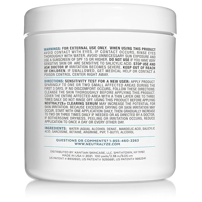 Neutralyze Exfoliating Acne Toner Pads - Dual Textured, Maximum Strength Acne Wipes for Face & Body with 2% Salicylic Acid & 2% Mandelic Acid for Teens & Adults (100 Wipes)