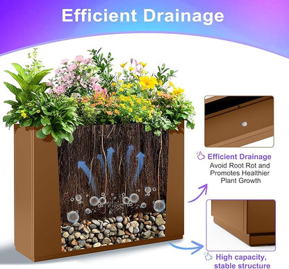Tall Metal Planter, 10" W×16.3" H Large Rectangular Planter Box for Outdoor or Indoor, All-Weather Durable Plant Box with Drainage Holes & Removable Shelf for Patio, Porch, Garden, Trees, Flowers