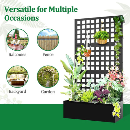 Metal Raised Garden Bed with Trellis, 2 in 1 Trellis with Planter Box & Privacy Screen for Climbing Plants, Vine, Outdoor Standing Flower Beds with Drainage Holes, 35.4"L x 16.7"W x 70.8"H, Black