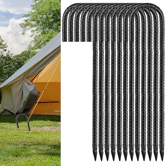 Black Rebar Stakes 12inx6mm Galvanized J Hook 12pcs – Heavy Duty Ground Tent Stakes for Fence,Bounce House,Outdoor Plants,Artificial Turf,Dog Coop,Metal Stakes for Christmas Decorations