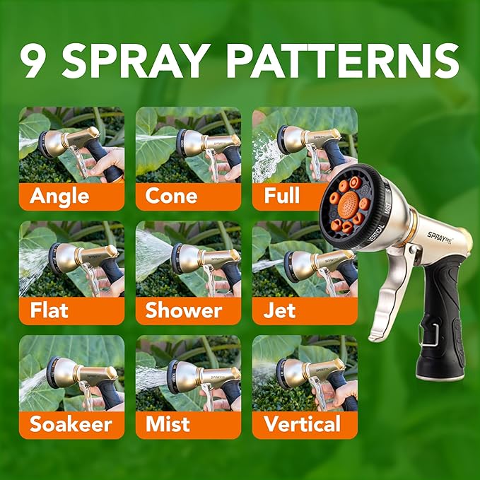 Durable Heavy Duty Garden Hose Nozzle - 9 Spray Patterns & 5 Extra washers - High-Pressure Water Hose Nozzle, Easy to Use for Watering Plants, Dog Wash