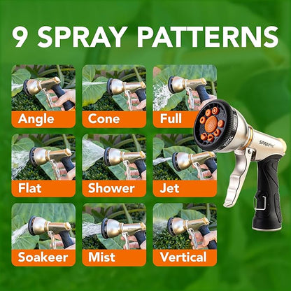 Durable Heavy Duty Garden Hose Nozzle - 9 Spray Patterns & 5 Extra washers - High-Pressure Water Hose Nozzle, Easy to Use for Watering Plants, Dog Wash