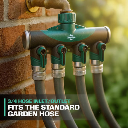 Garden Hose Splitter 4 Way - Heavy Duty Water Hose Manifold with Shut-Off Valves - Outdoor Faucet Divider and Spigot Connector for Garden, Lawn, or Patio Use - Durable Brass Pipe Splitter - Classic