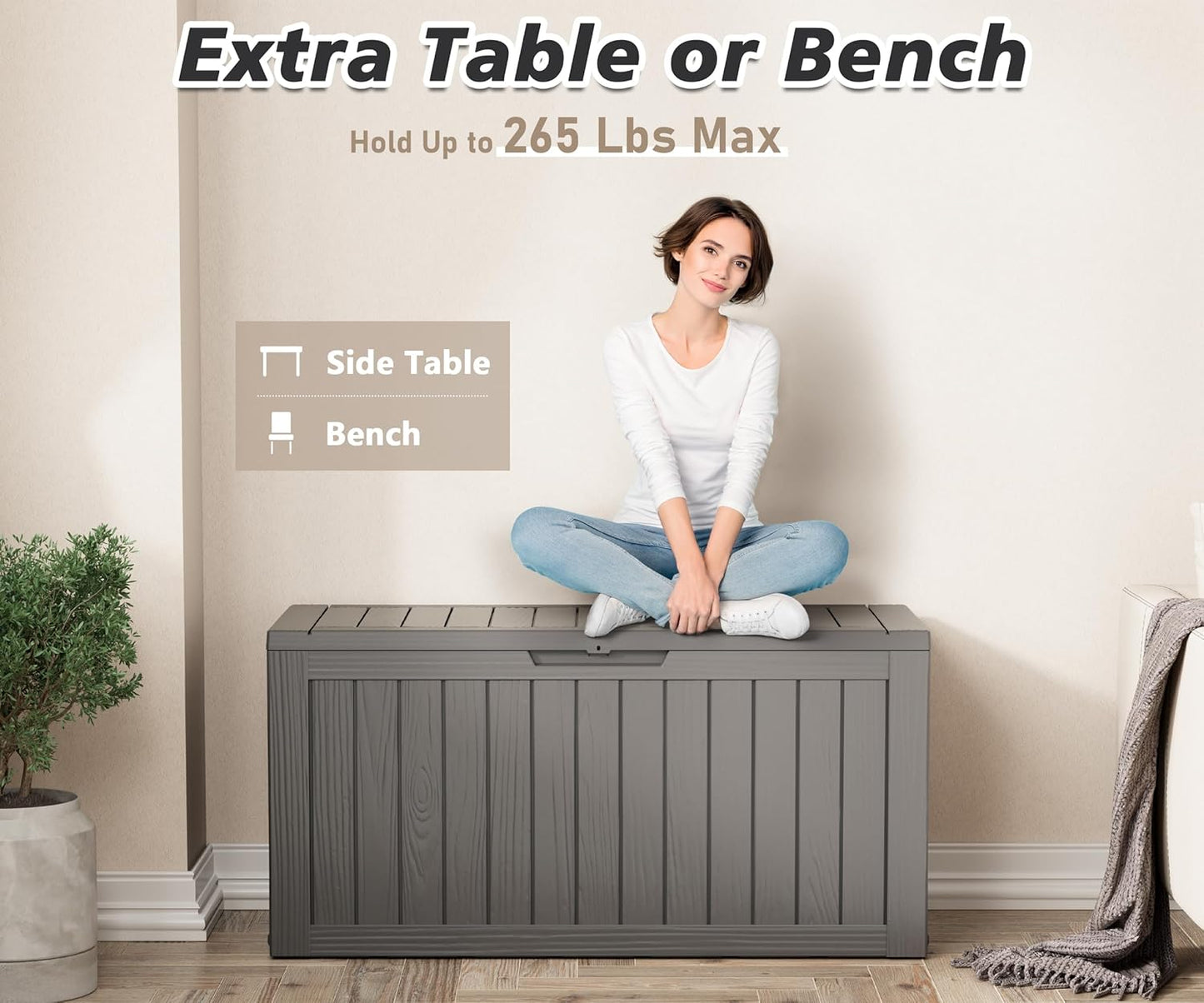 Outdoor Storage Box, Resin Deck Boxes Indoor and outdoor, Waterproof Storage Box Lockable Lid (Grey, 75 Gallon)