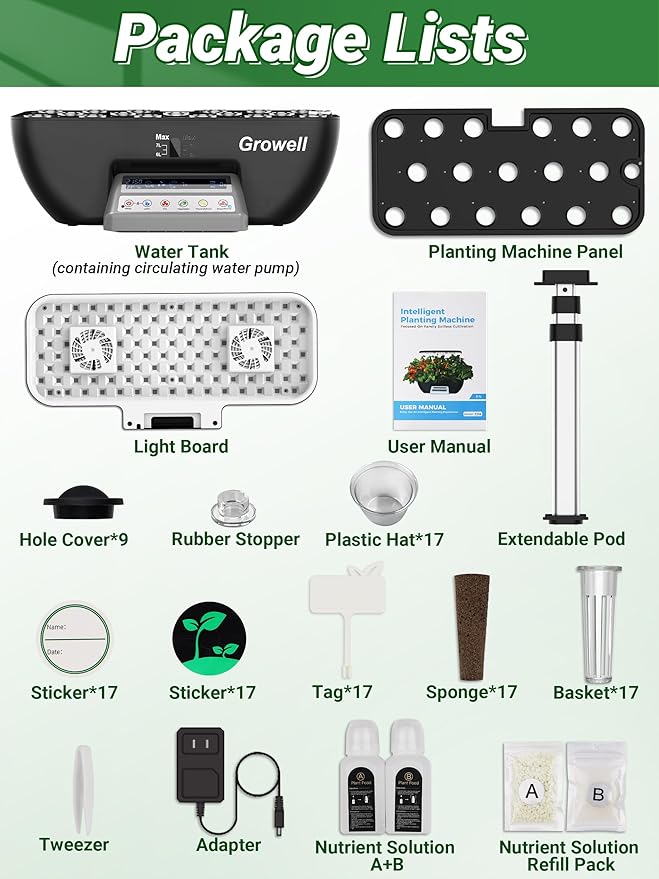 Hydroponics Growing System Kit, 17 Pods Herb Garden with 102 28W Full-Spectrum Grow Lights & 2 Fans, Indoor Garden with Water Pump, 10L Water Tank, Auto Timer, Height Adjustable (Black & Grey)