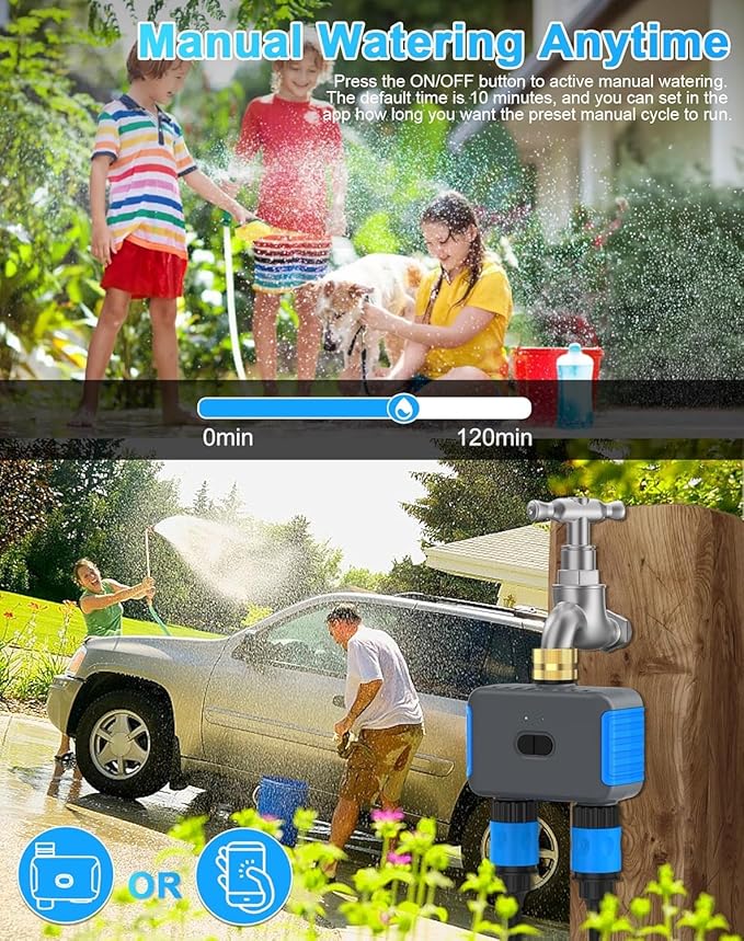 WiFi Sprinkler Timer, 2 Zone Smart Bluetooth Hose Timer, Programmable Automatic Irrigation System with Remote APP, Compatible with Alexa Google, Watering for Outdoor Garden Yard Lawn