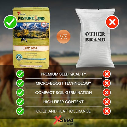 X-Seed Pasture Land Dry-Land Forage Seed Mixture with Micro-Boost – Tall Fescue Orchard Grass Ryegrass Endophyte Free Pasture for Safe Nutrition of Livestock, Formulated for Dry Areas – 25-Pound Bag