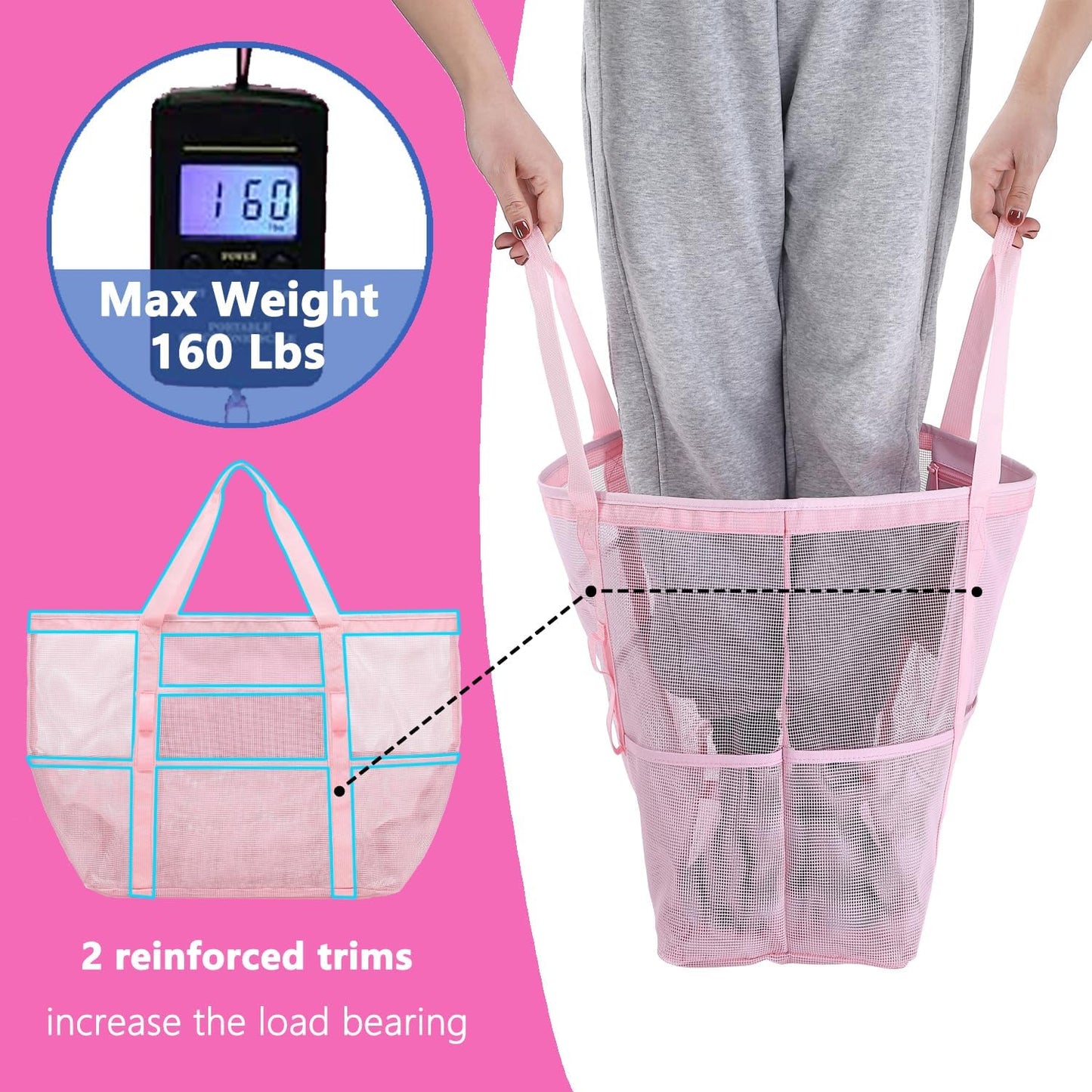 Mesh Beach Bag, Large Beach Tote with Zipper Pocket for Family Pool Bag for Toys & Vacation Essentials